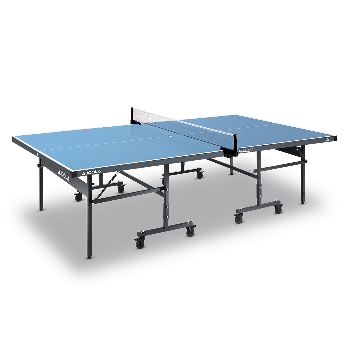 Blue table tennis table with net, on wheels, on grey surface.