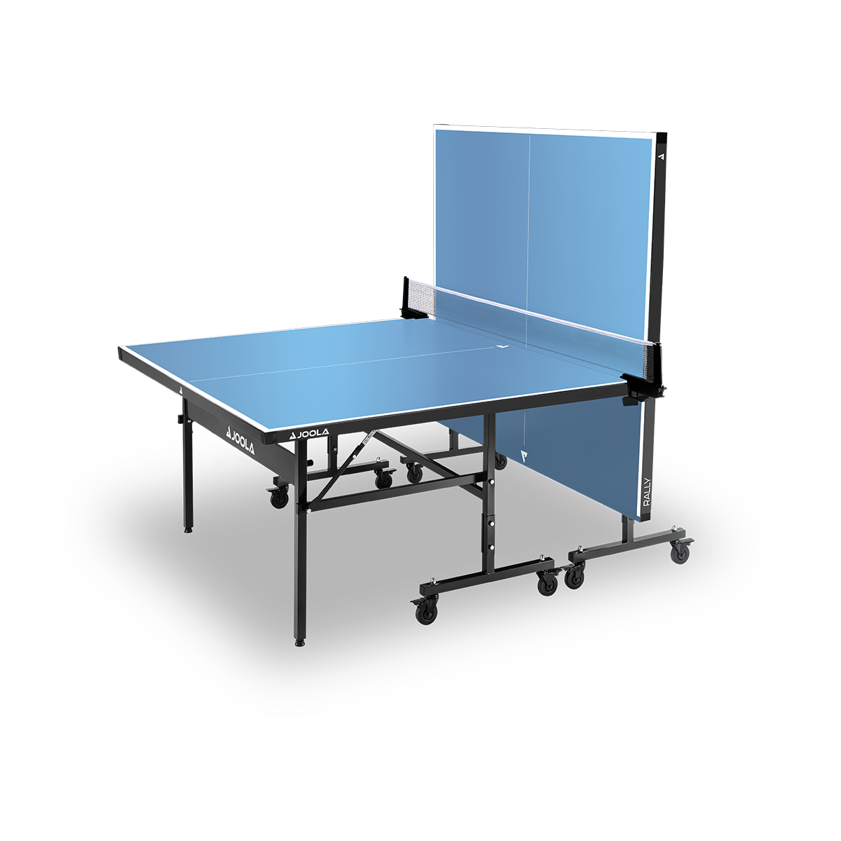 Blue JOOLA table tennis table, one half folded up, on wheels, suitable for solo training.