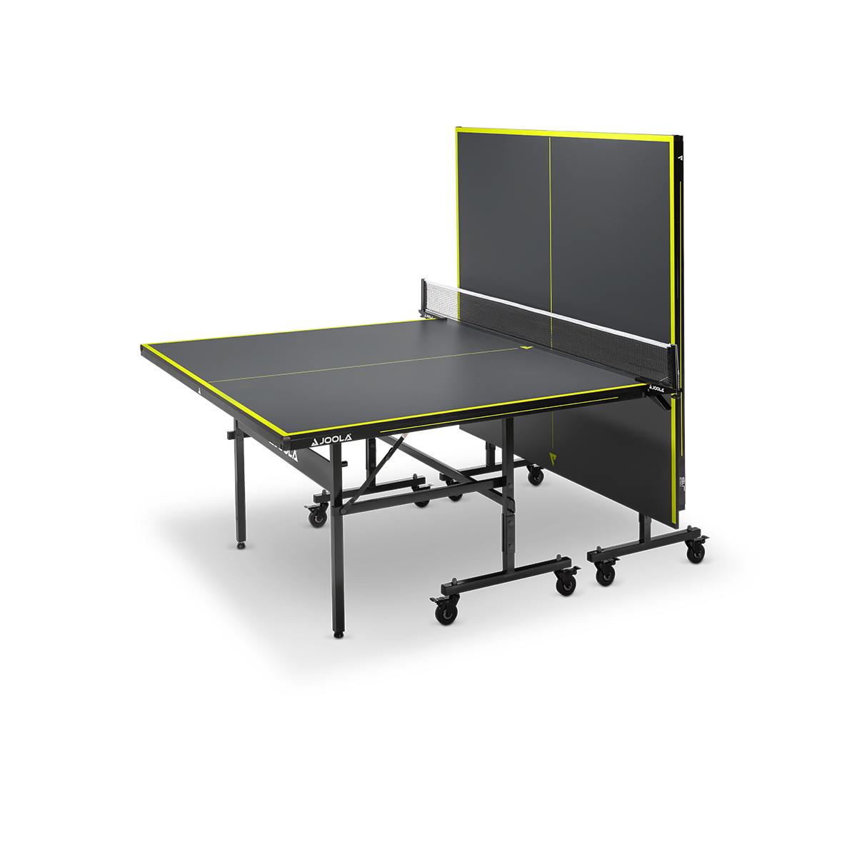 Folding table tennis table in black with yellow lines, partially folded.