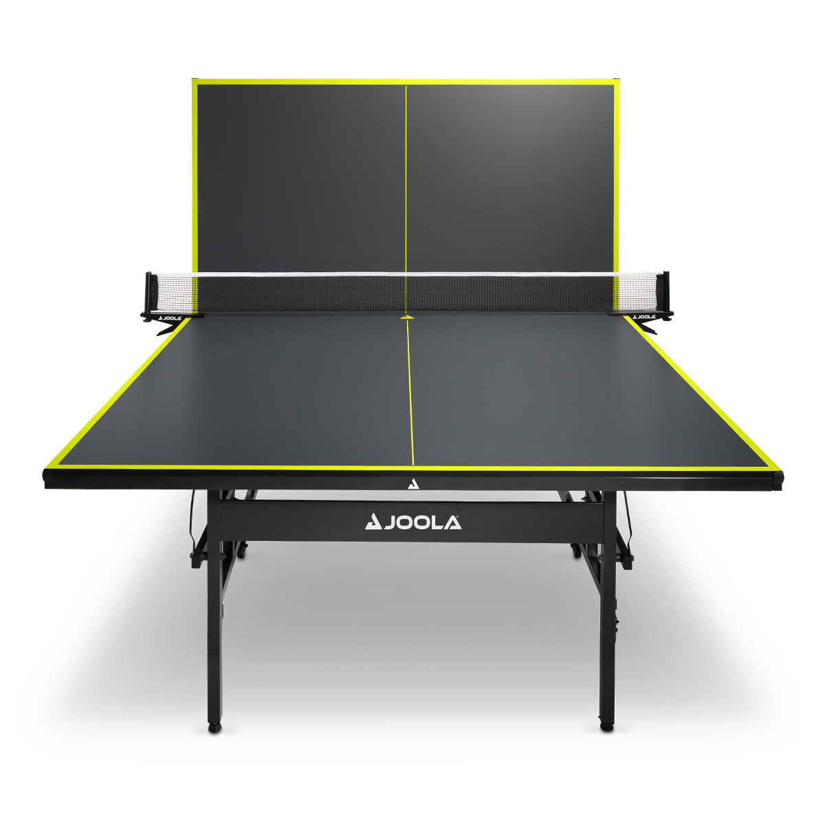 Black JOOLA table tennis table with yellow lines and net, one side folded up.