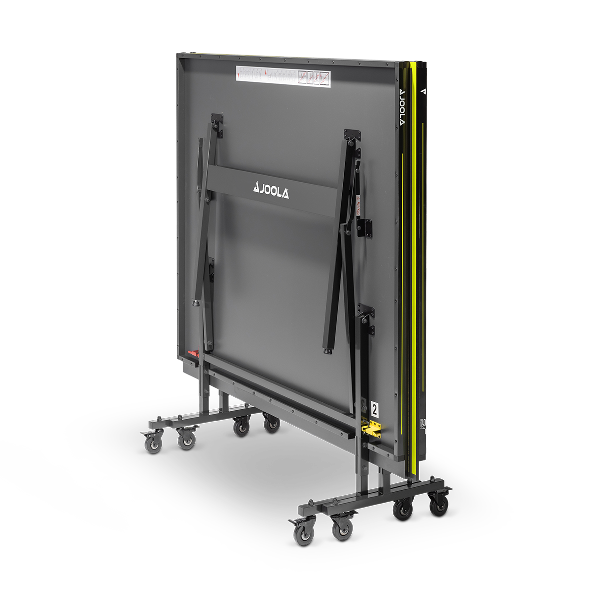 Folded grey JOOLA table tennis table on wheels, side view.