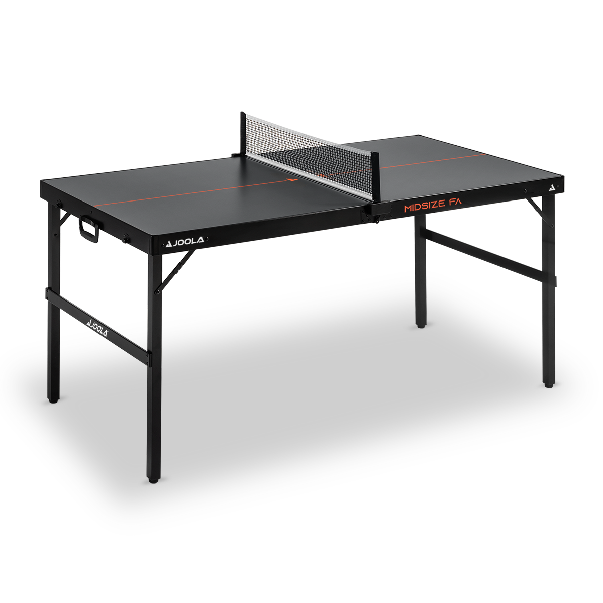Small black table tennis table with red field markings and net, model JOOLA Midsize FA.