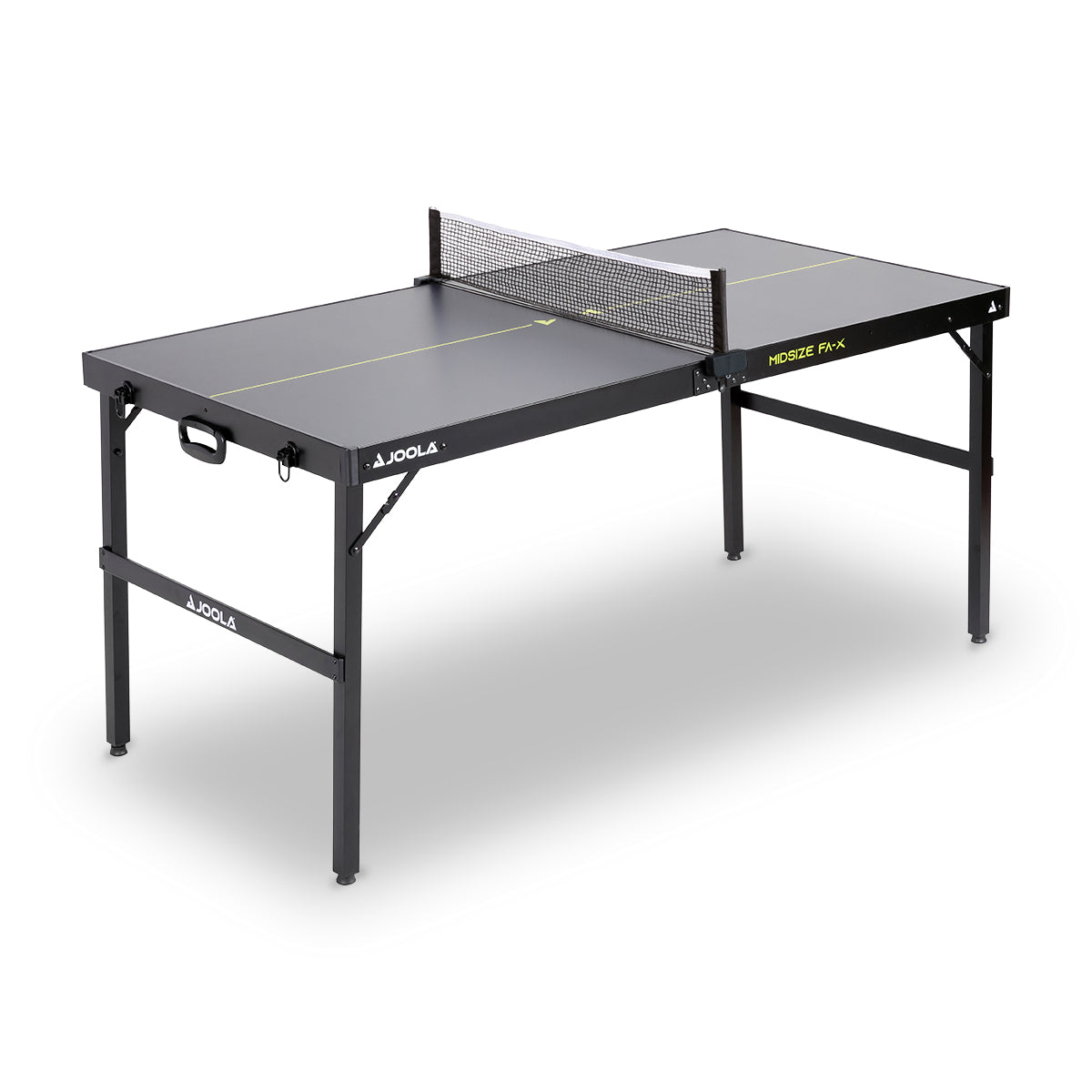Small black table tennis table with net and yellow court markings, foldable and with handles.