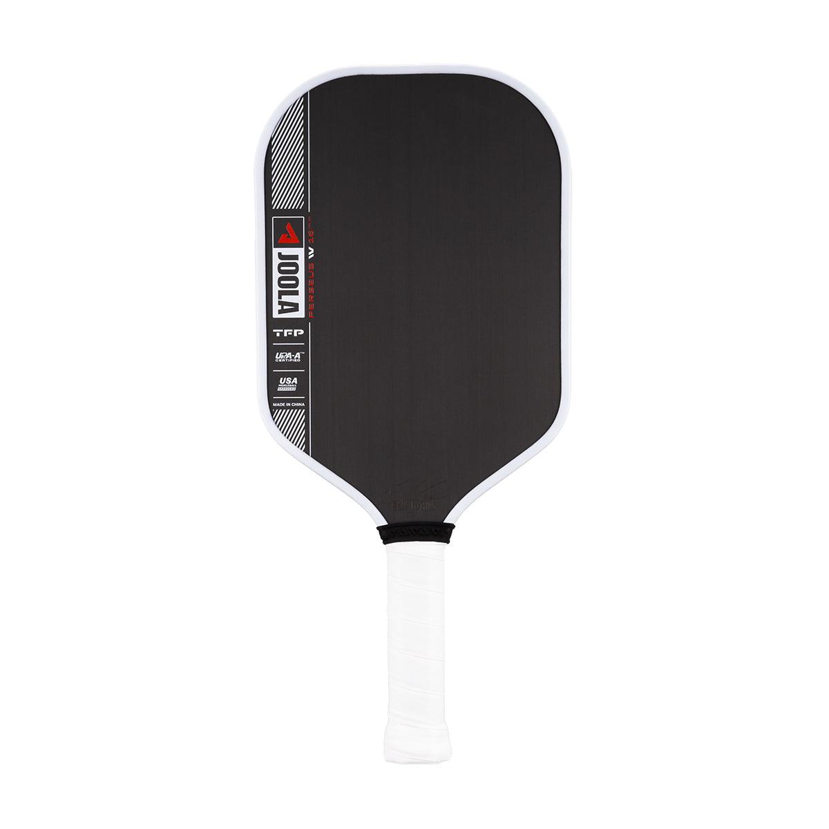 Black Pickleball bat with white handle and white edge.
