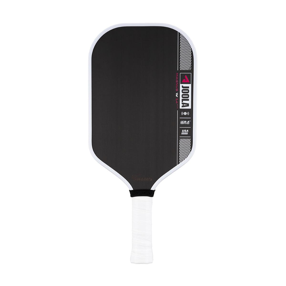 Black Pickleball bat with white handle and white edge, brand JOOLA Magnus IV.