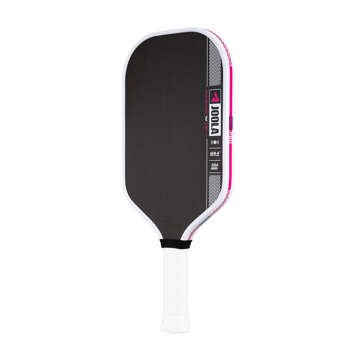 Black JOOLA Magnus V 46 mm Pickleball bat with white handle and pink-white accents.