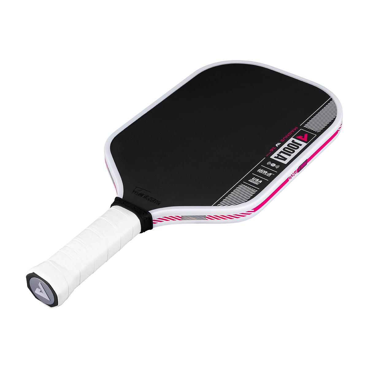 Pickleball bat with black hitting surface and white handle.