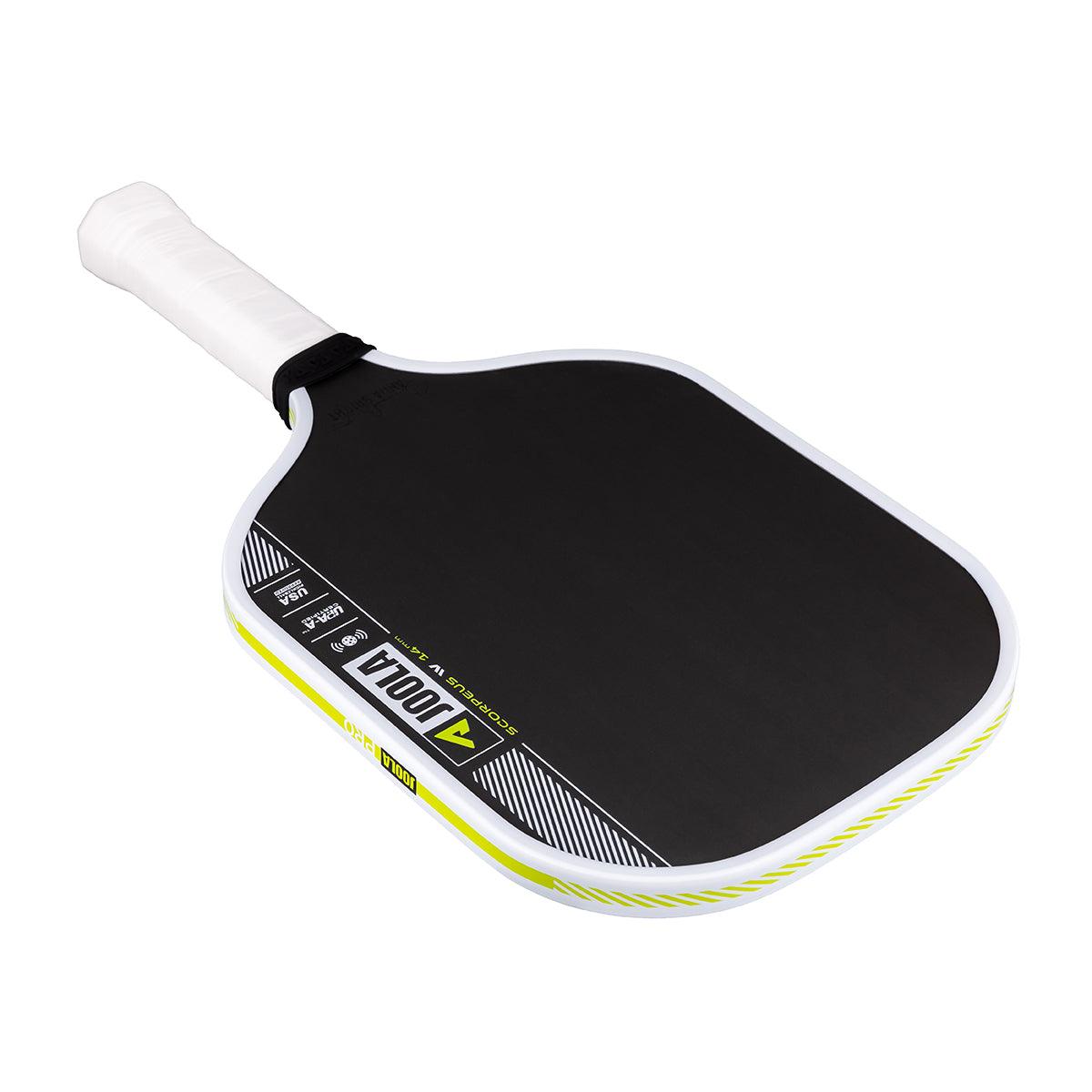 Pickleball bat with black hitting surface and white handle.
