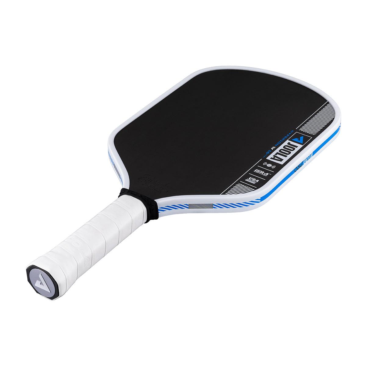 Pickleball bat with black hitting surface, white-blue frame, white wrapped handle.