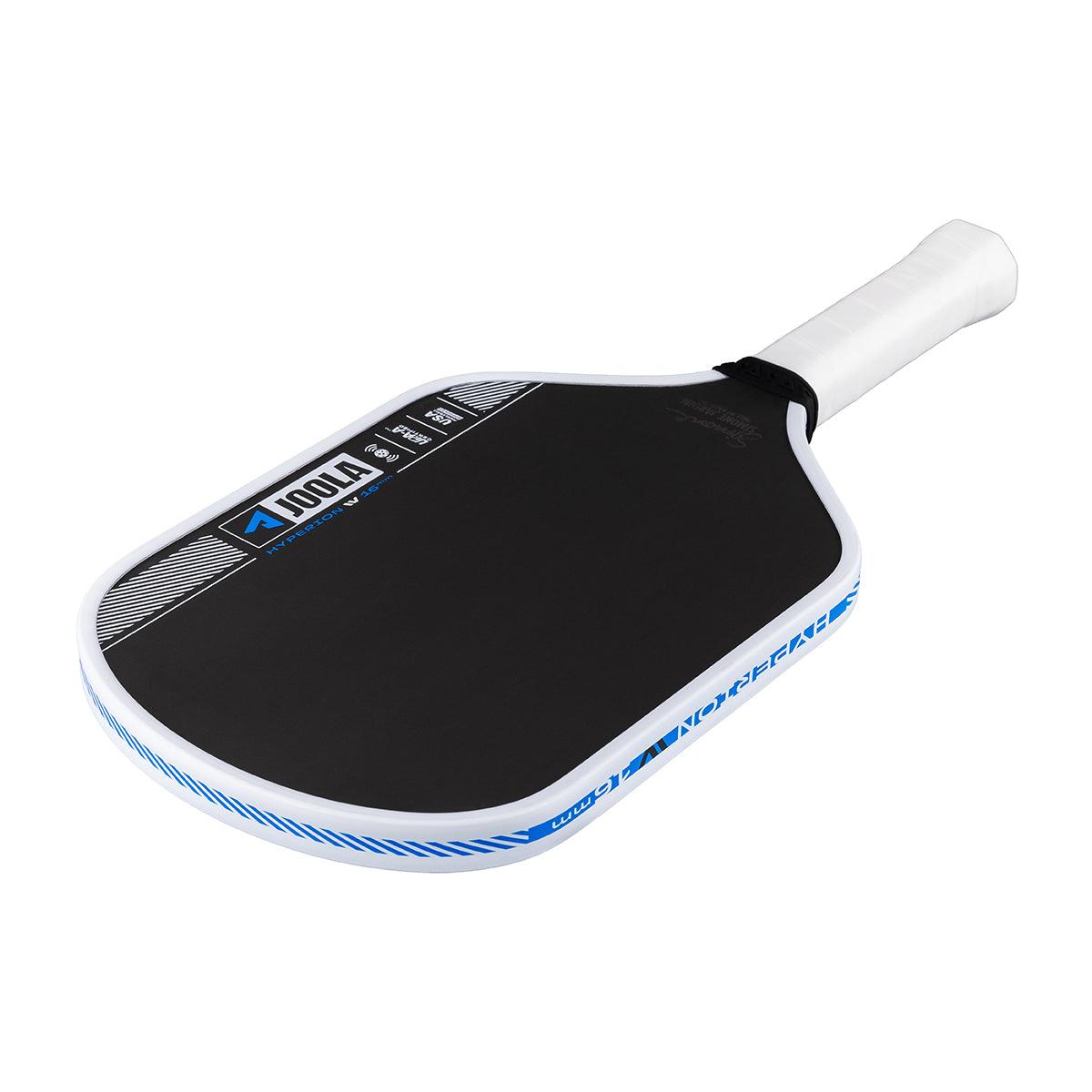 Black Pickleball bat with white handle and blue accents, brand JOOLA.