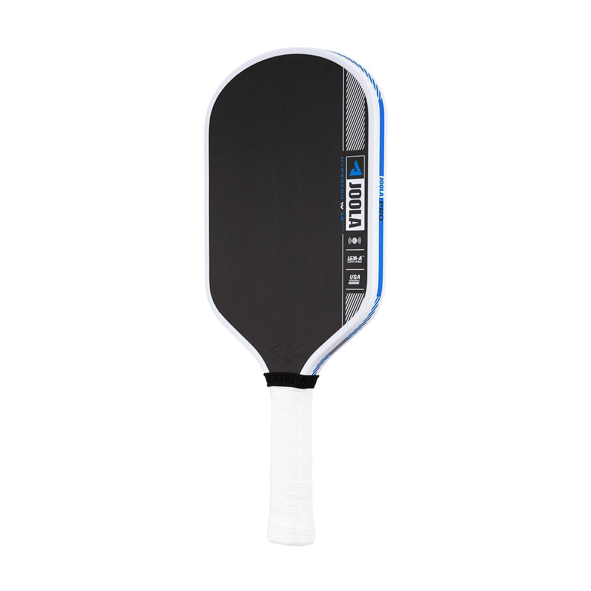 Black Pickleball bat with white handle and blue accents, brand JOOLA.