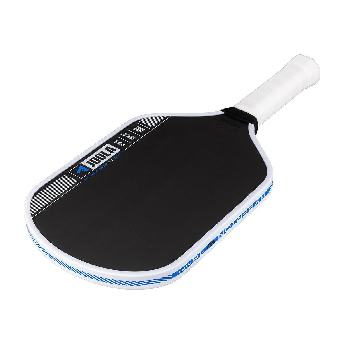 Black JOOLA Pickleball bat with white handle and blue accents.