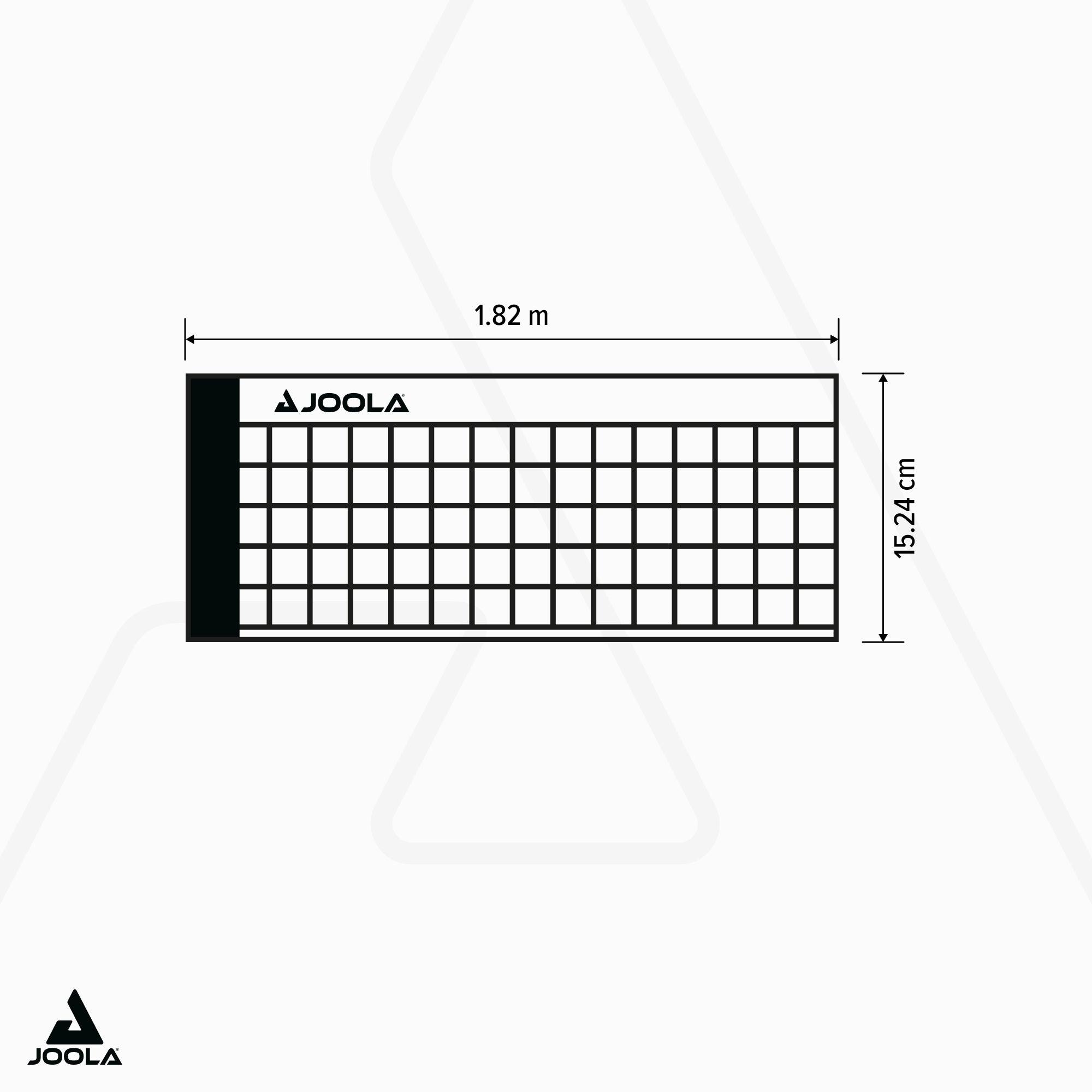 Table tennis net by JOOLA measuring 1.82 metres wide and 15.24 centimetres high.