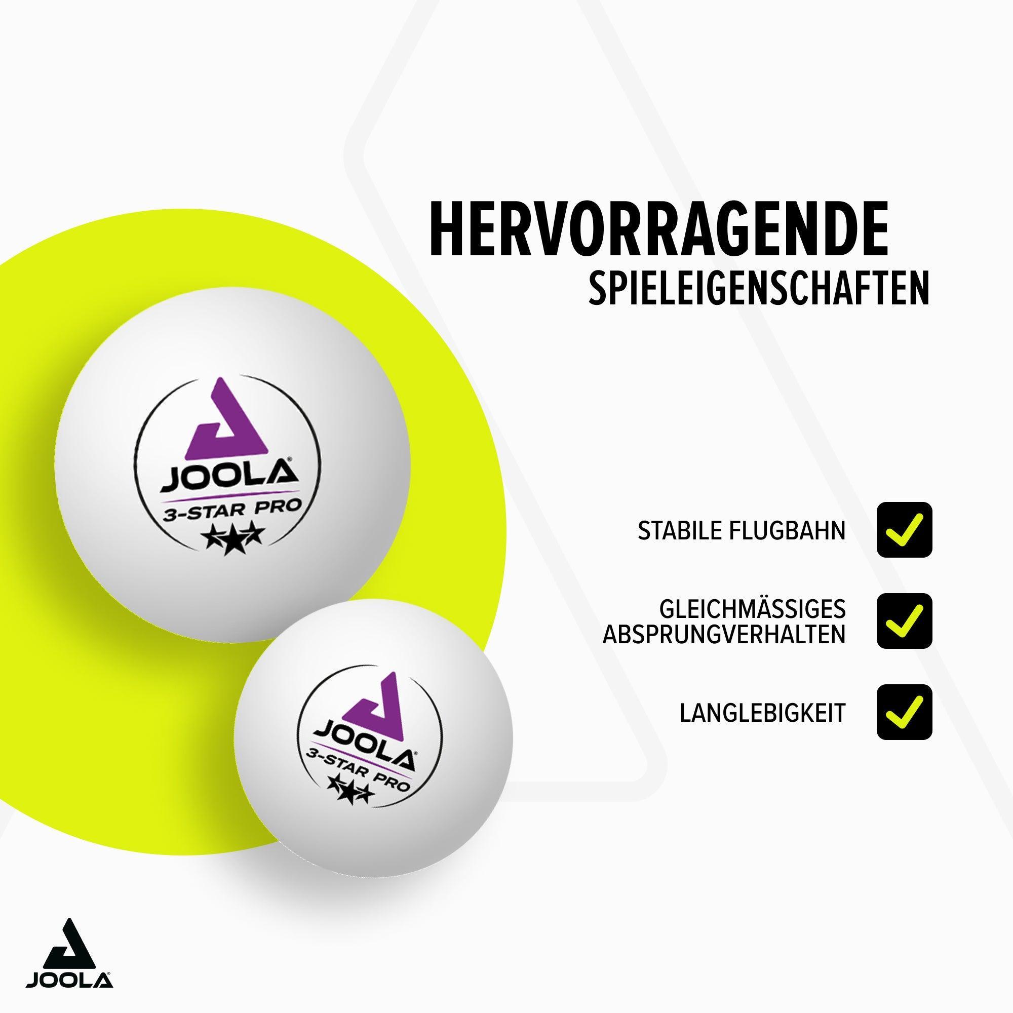 Two white JOOLA 3-Star Pro table tennis balls highlighting excellent play characteristics like stable flight path, consistent bounce, and durability.