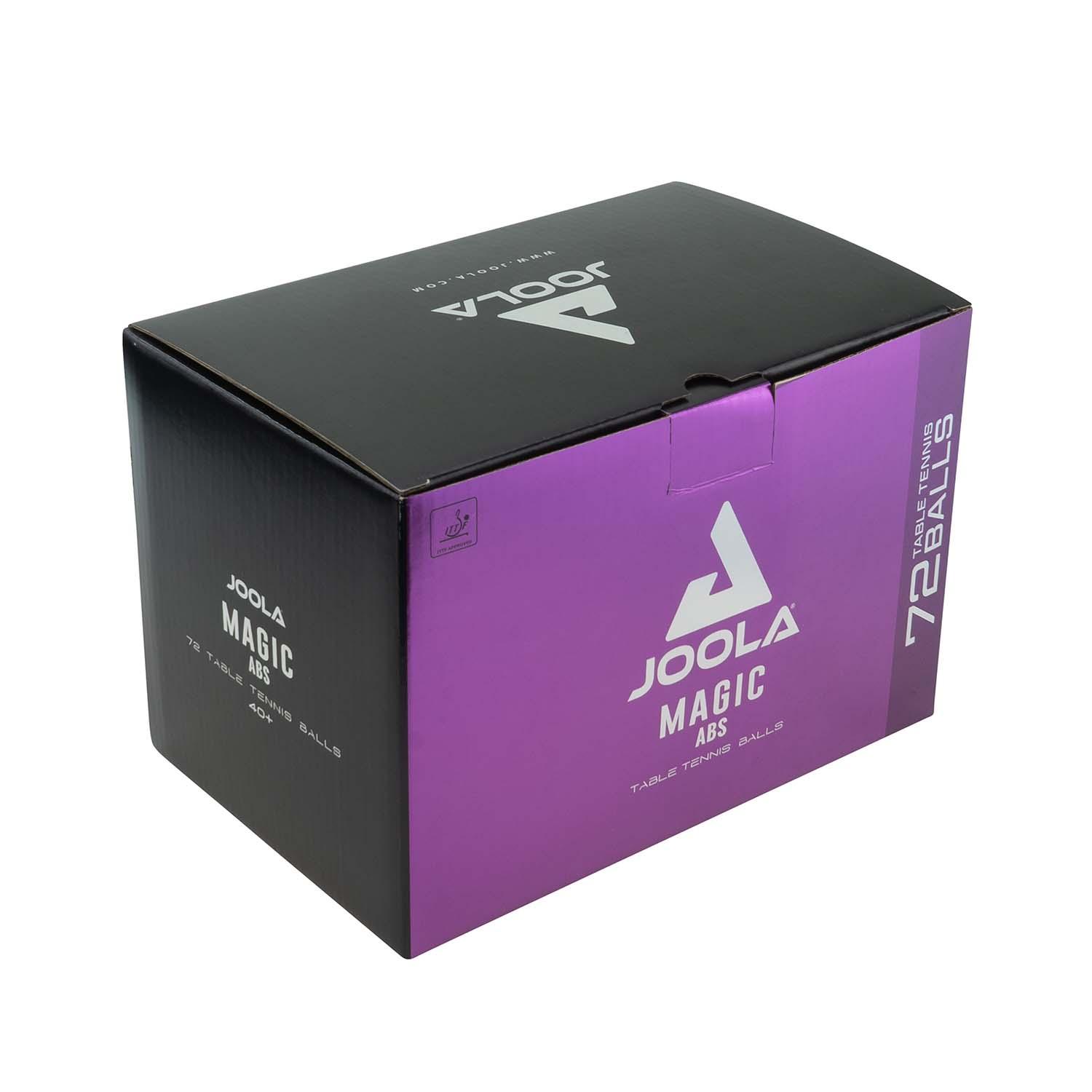 JOOLA table tennis ball MAGIC ABS 40+ side view focusing on the design.
