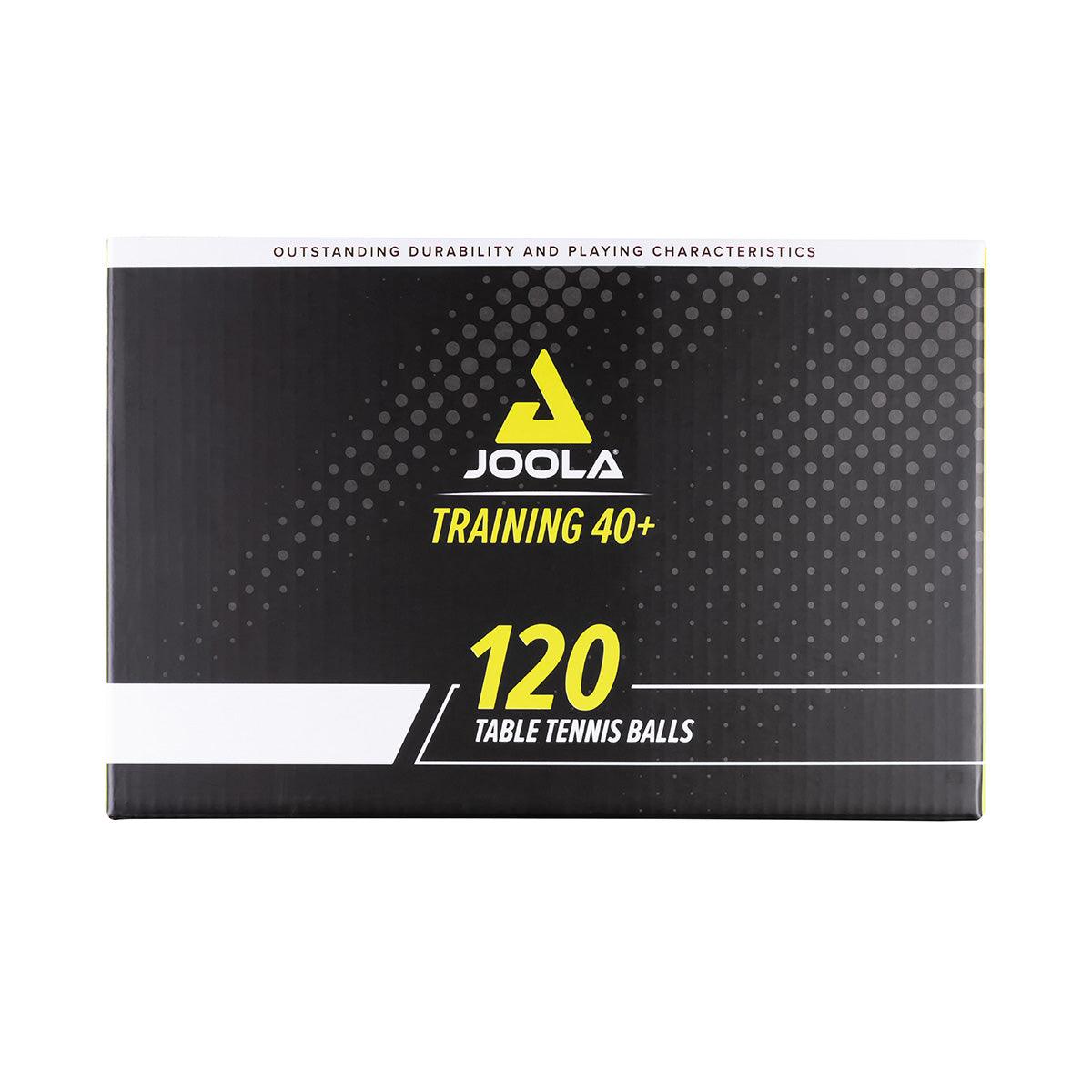 Black packaging with yellow lettering for 120 JOOLA Training 40+ table tennis balls.