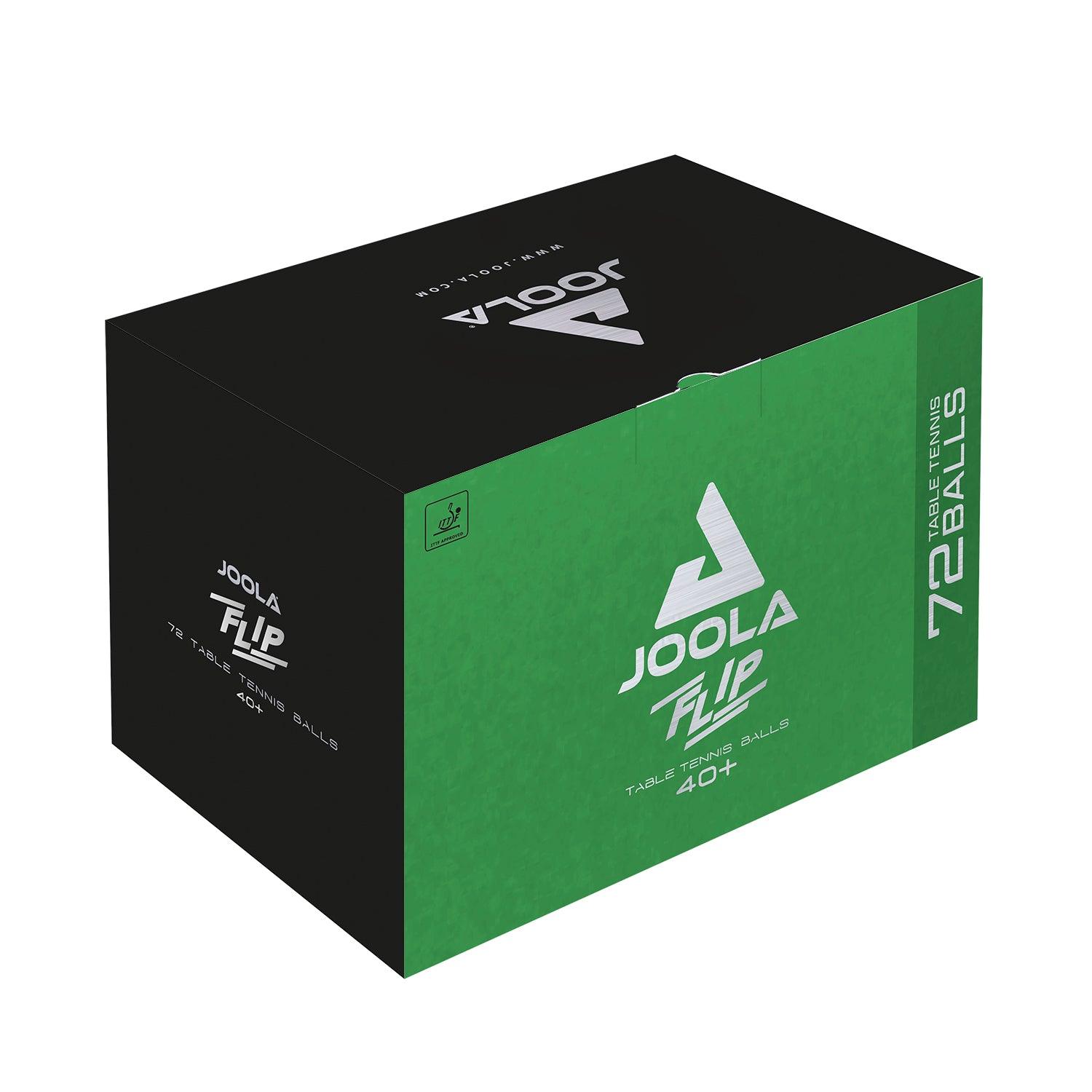 JOOLA table tennis ball FLIP 40+ WHITE 72-pack side view focusing on design.