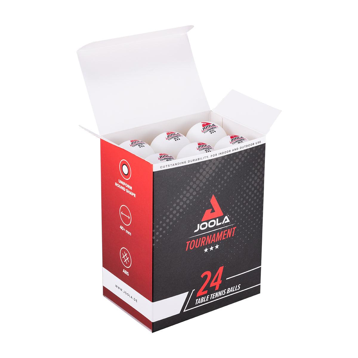 Opened packaging with 24 white JOOLA Tournament table tennis balls.