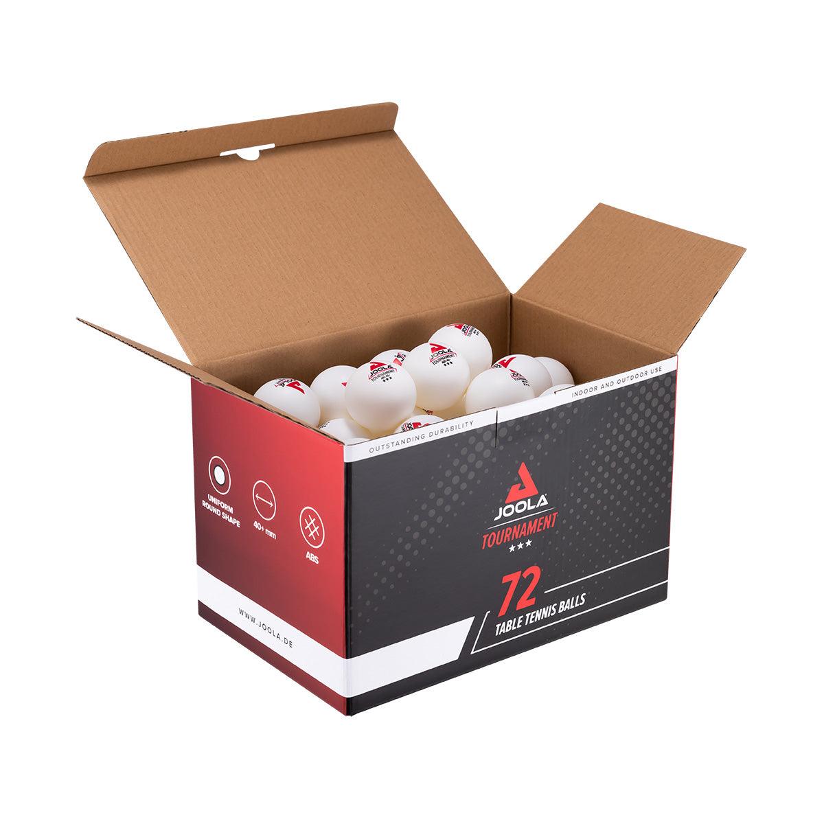 Open packaging with 72 white JOOLA Tournament table tennis balls.