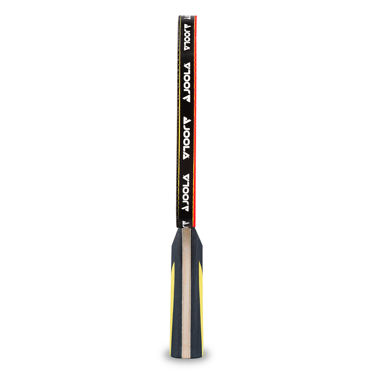 Table tennis bat with black-yellow handle and black rubber, brand JOOLA, side view on white background.