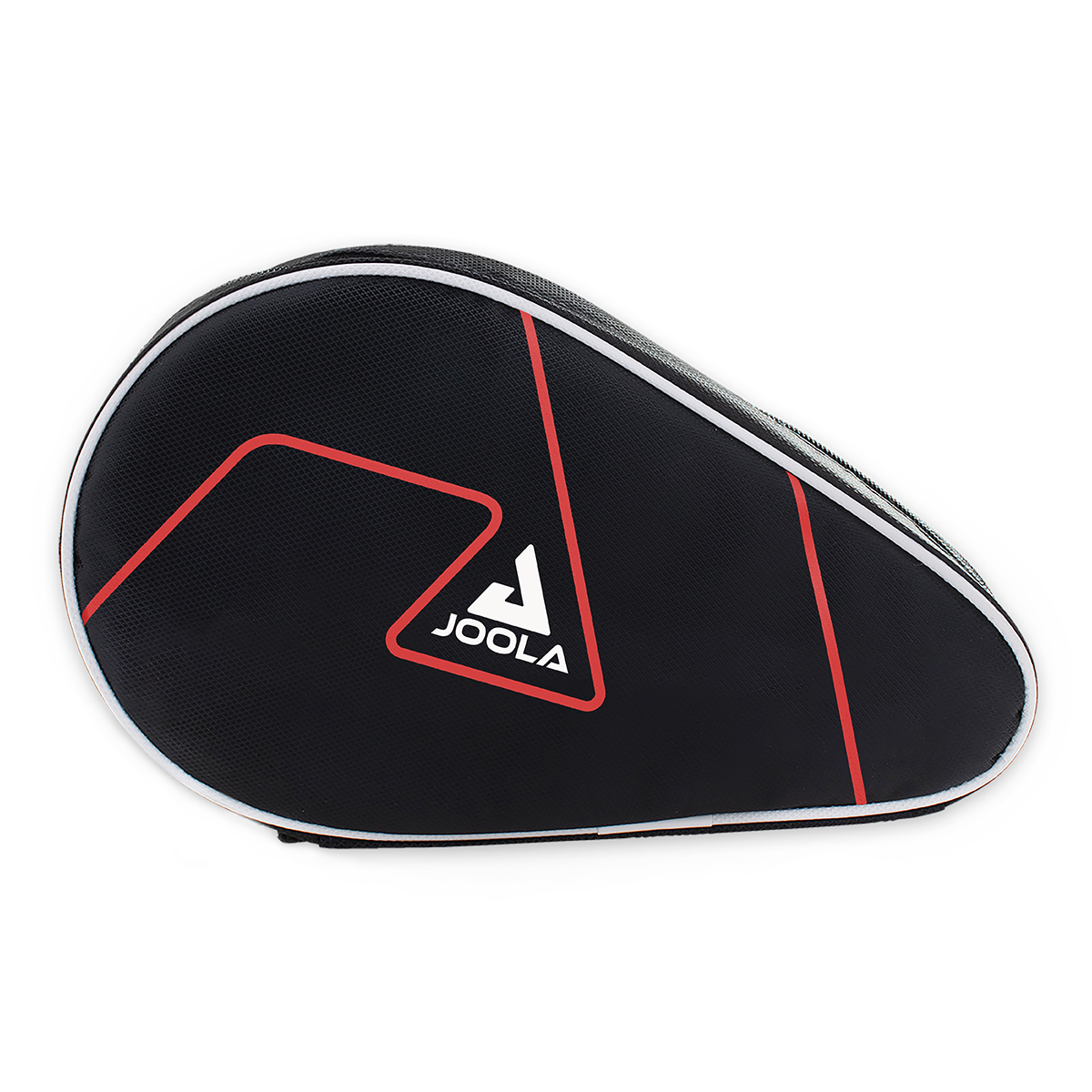 Black JOOLA table tennis bag with red pattern and white zip, for bat and accessories.