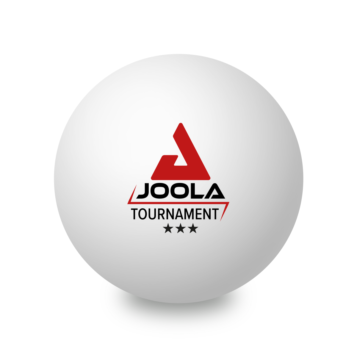 White JOOLA Tournament table tennis ball with red logo and three stars, on white background.