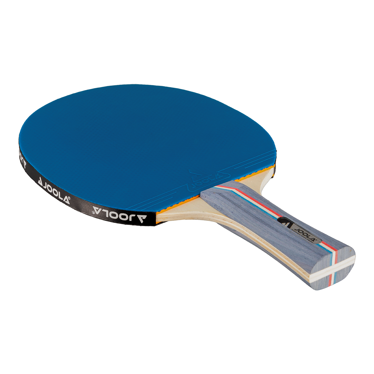 Table tennis bat with blue rubber and wooden handle.