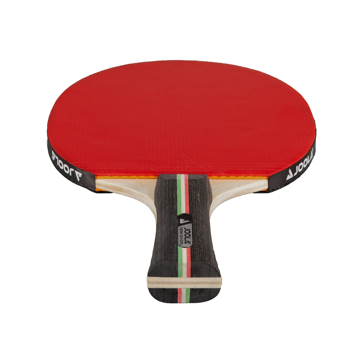 Table tennis bat with red rubber and black handle with green and red stripes.