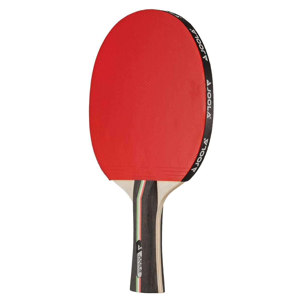 Table tennis bat with red rubber and wooden handle, brand JOOLA.
