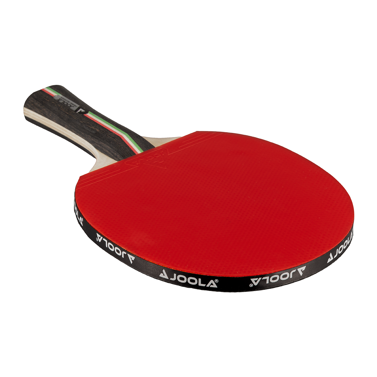 Table tennis bat with red rubber and wooden handle, brand JOOLA.