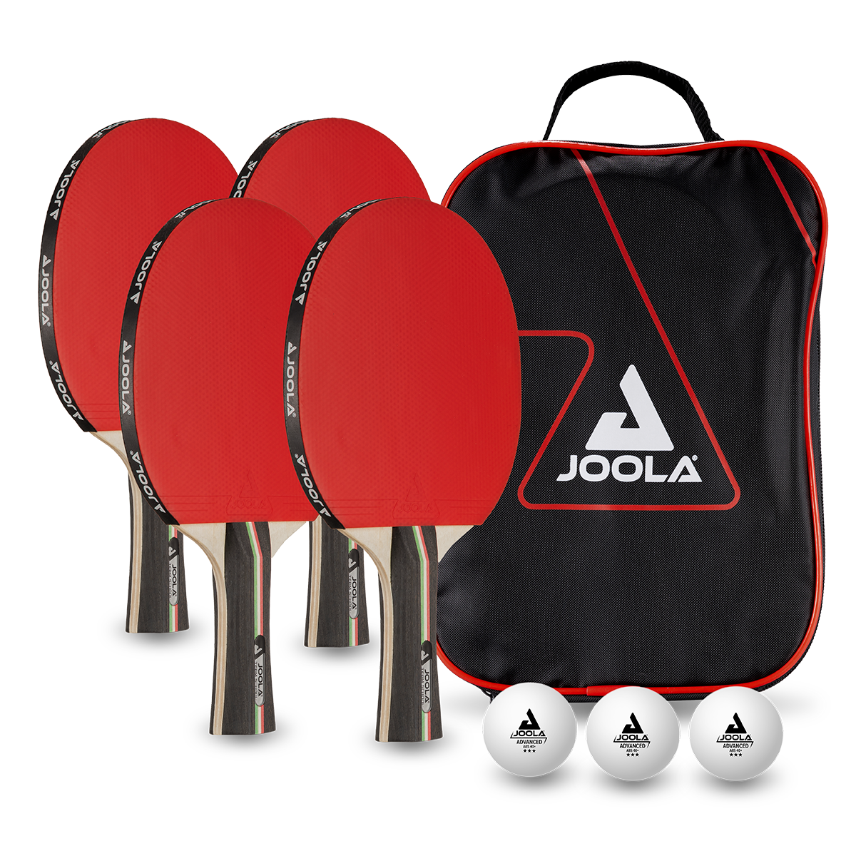 Four red JOOLA table tennis bats, three white JOOLA table tennis balls, and one black JOOLA bag.