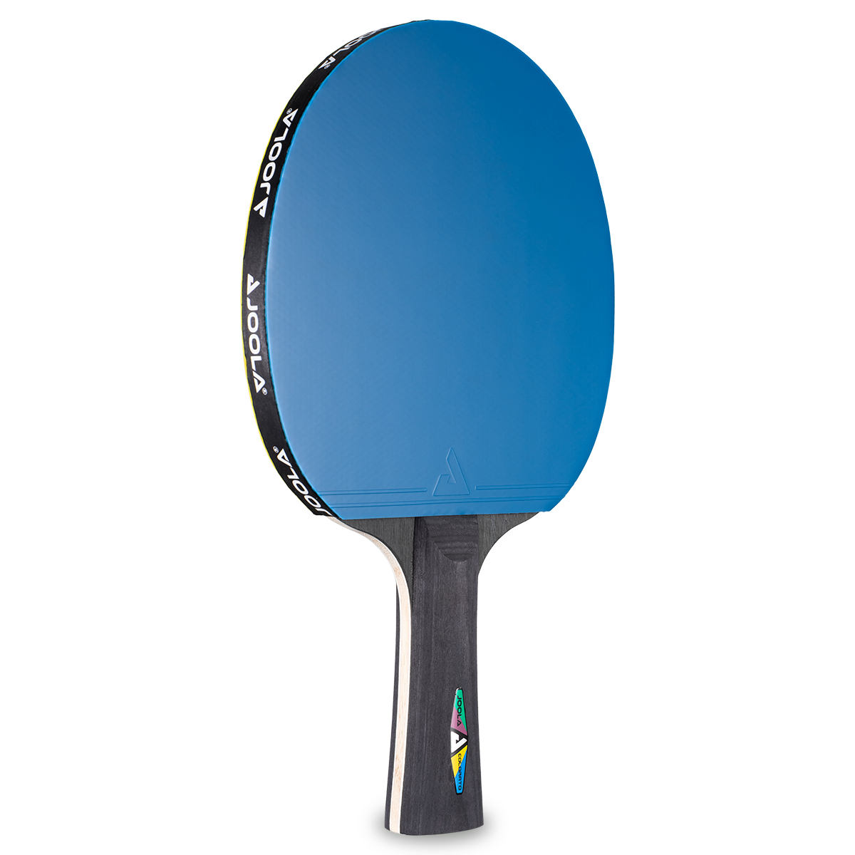 Table tennis bat with blue striking surface, black handle, and JOOLA logo on the side.