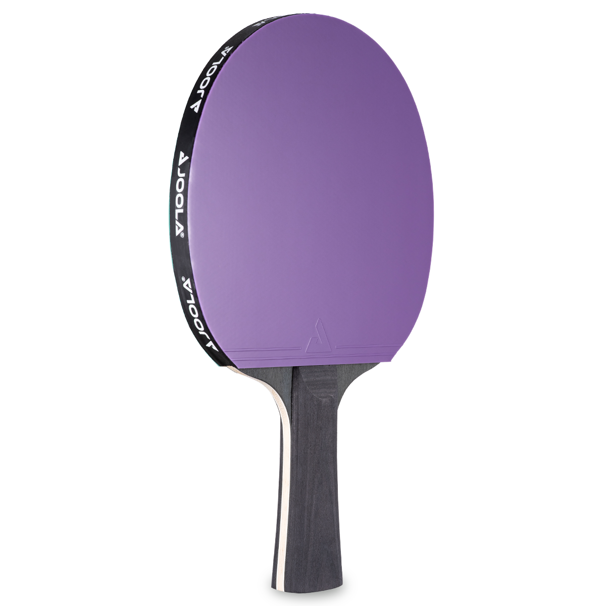Table tennis bat with purple rubber and black handle, brand JOOLA, isolated on white background.