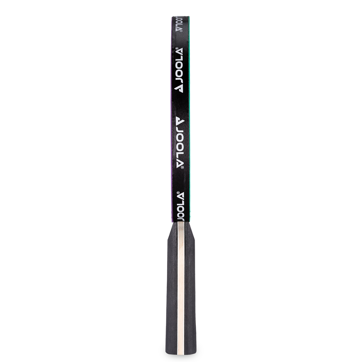 Table tennis bat handle with black grip and black edge tape with white JOOLA logo, side view.