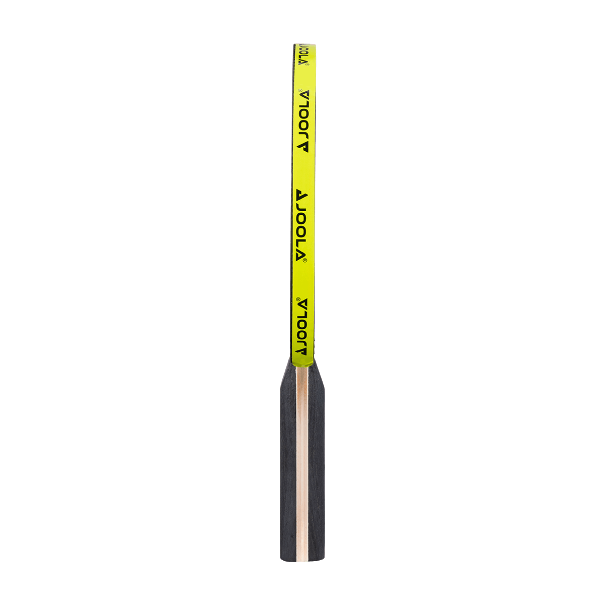 Side view of a table tennis bat with yellow edge and black handle.