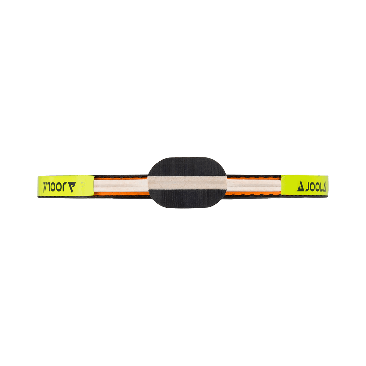 Table tennis bat from above with yellow handle and black hitting surface.