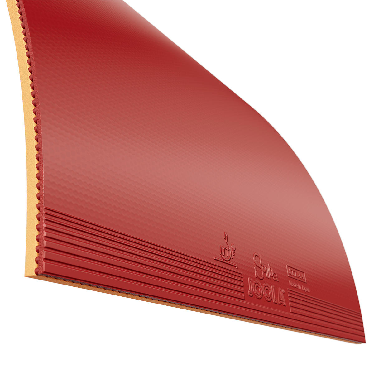 Close-up of red JOOLA table tennis rubber with pips-in structure.