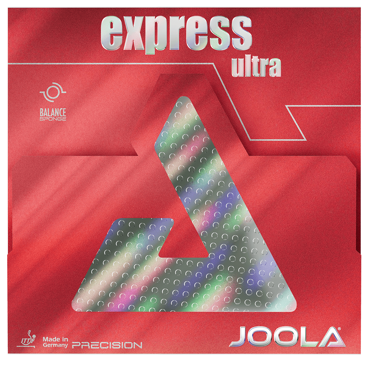 Red table tennis rubber packaging "Joola express ultra" with Balance Sponge technology and Precision note, Made in Germany.