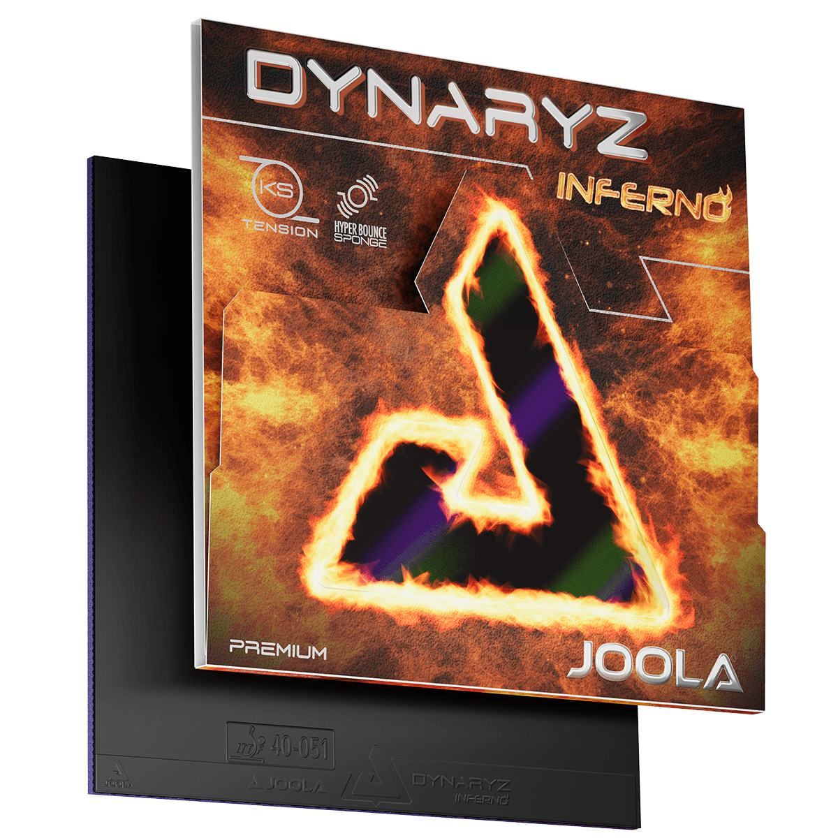 JOOLA Dynaryz Inferno table tennis rubber with fiery red design and flame motif.
