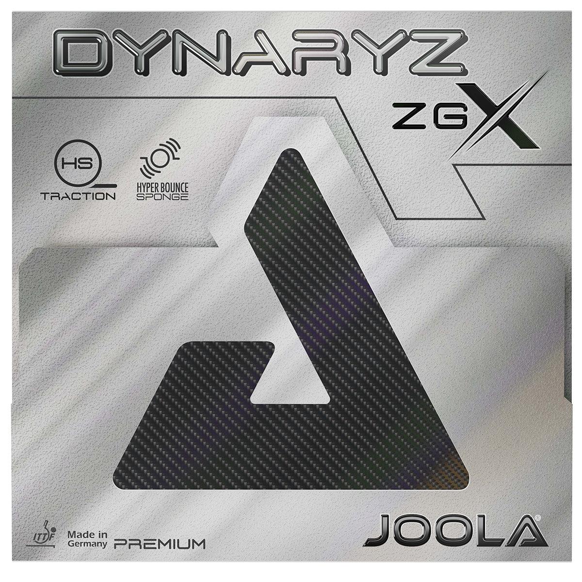 Packaging of the JOOLA table tennis rubber Dynaryz ZGX with HS Traction and Hyper Bounce Sponge, Made in Germany.