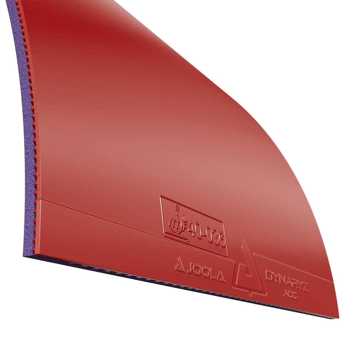 Red JOOLA Dynaryz ACB table tennis rubber with smooth surface and blue sponge side.