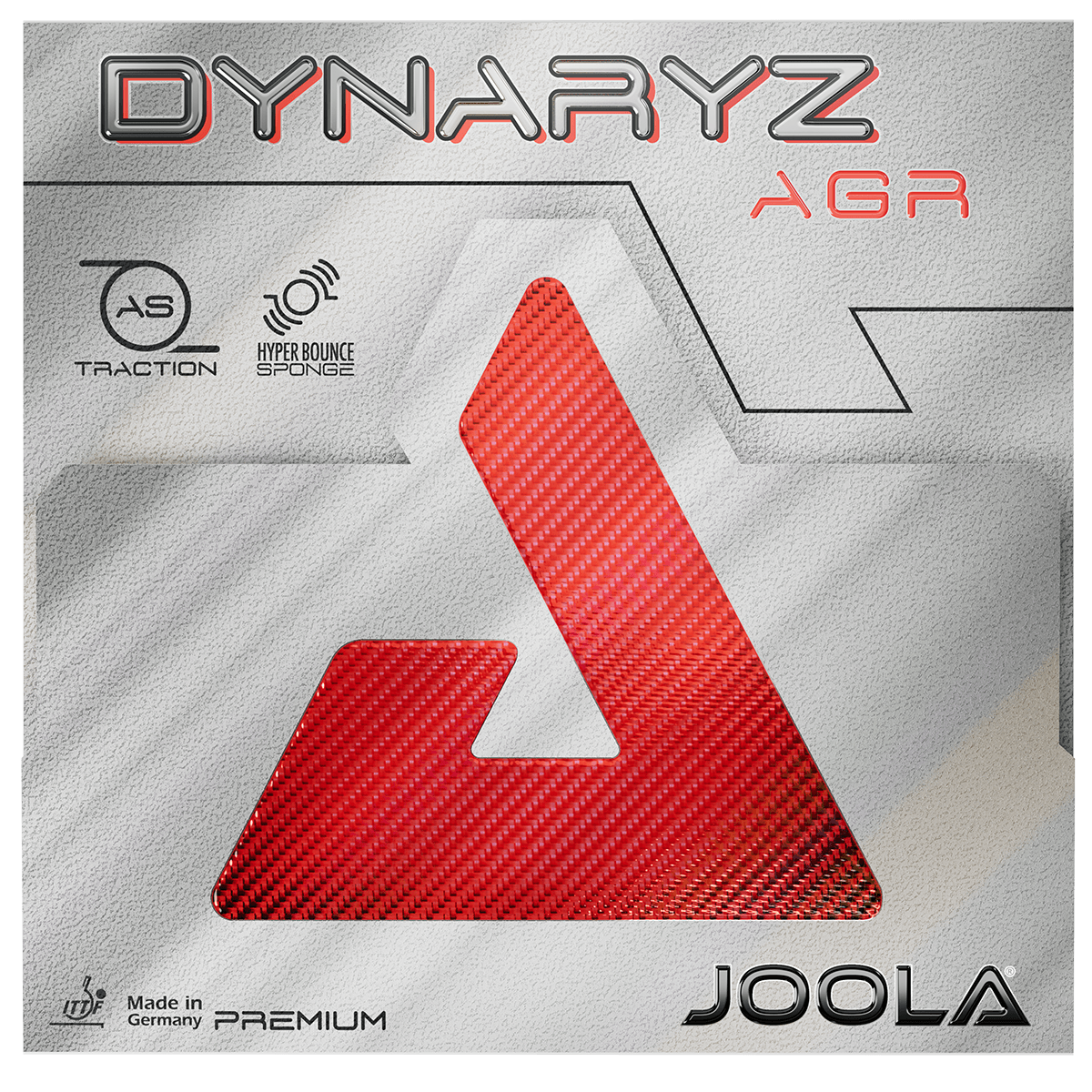 Product image of the JOOLA Dynaryz AGR table tennis rubber with red triangular design and features AS Traction and Hyper Bounce Sponge.