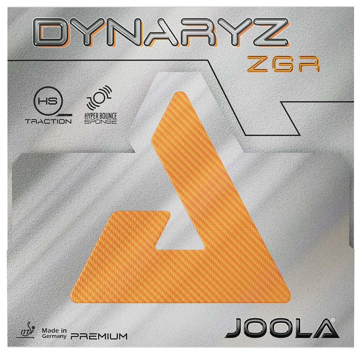 Product packaging of the JOOLA table tennis rubber "Dynaryz ZGR" with logos for HS Traction and Hyper Bounce Sponge, Made in Germany.