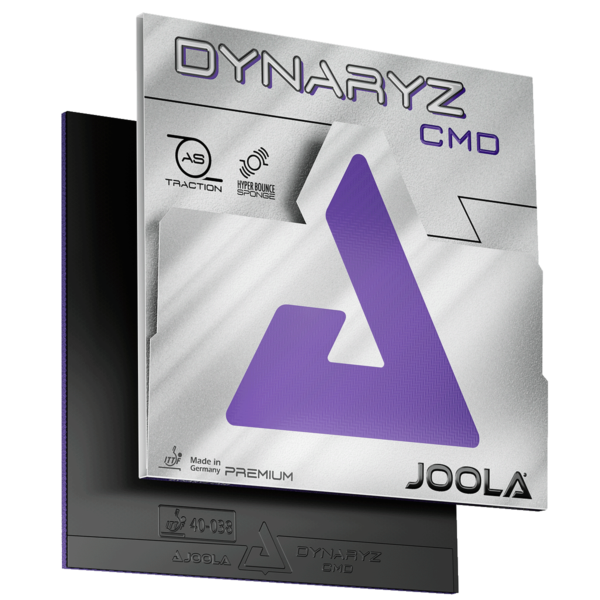 JOOLA Dynaryz CMD table tennis rubber in silver packaging with purple logo and black rubber underneath.
