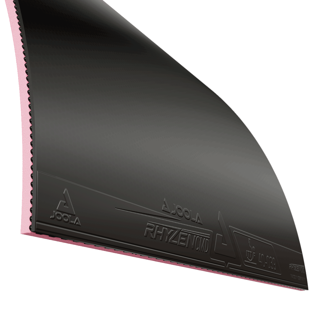 Close-up of black JOOLA Rhyzen CMD table tennis rubber with pink sponge.