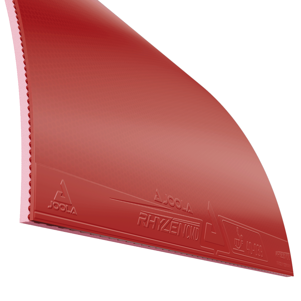 Red JOOLA Rhyzen CMD table tennis rubber with textured surface and sponge.