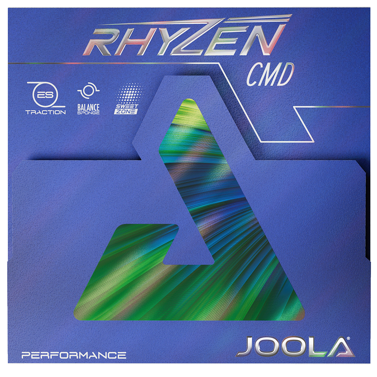Packaging of the table tennis rubber JOOLA Rhyzen CMD in blue with colourful triangle design and lettering.