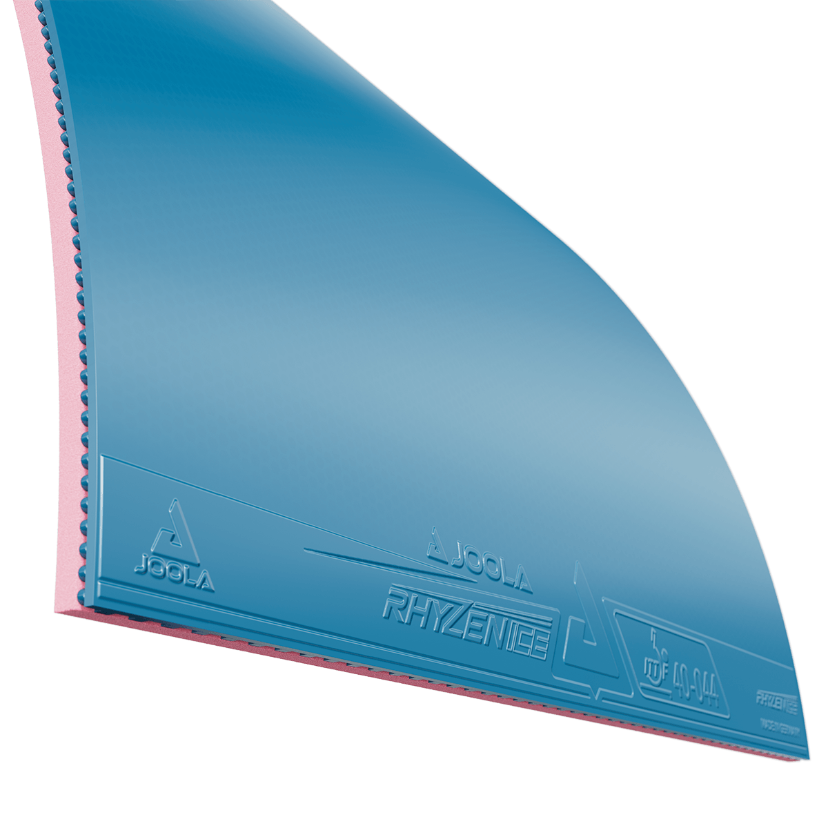 Close-up of JOOLA Rhyzence table tennis rubber, blue with red sponge.