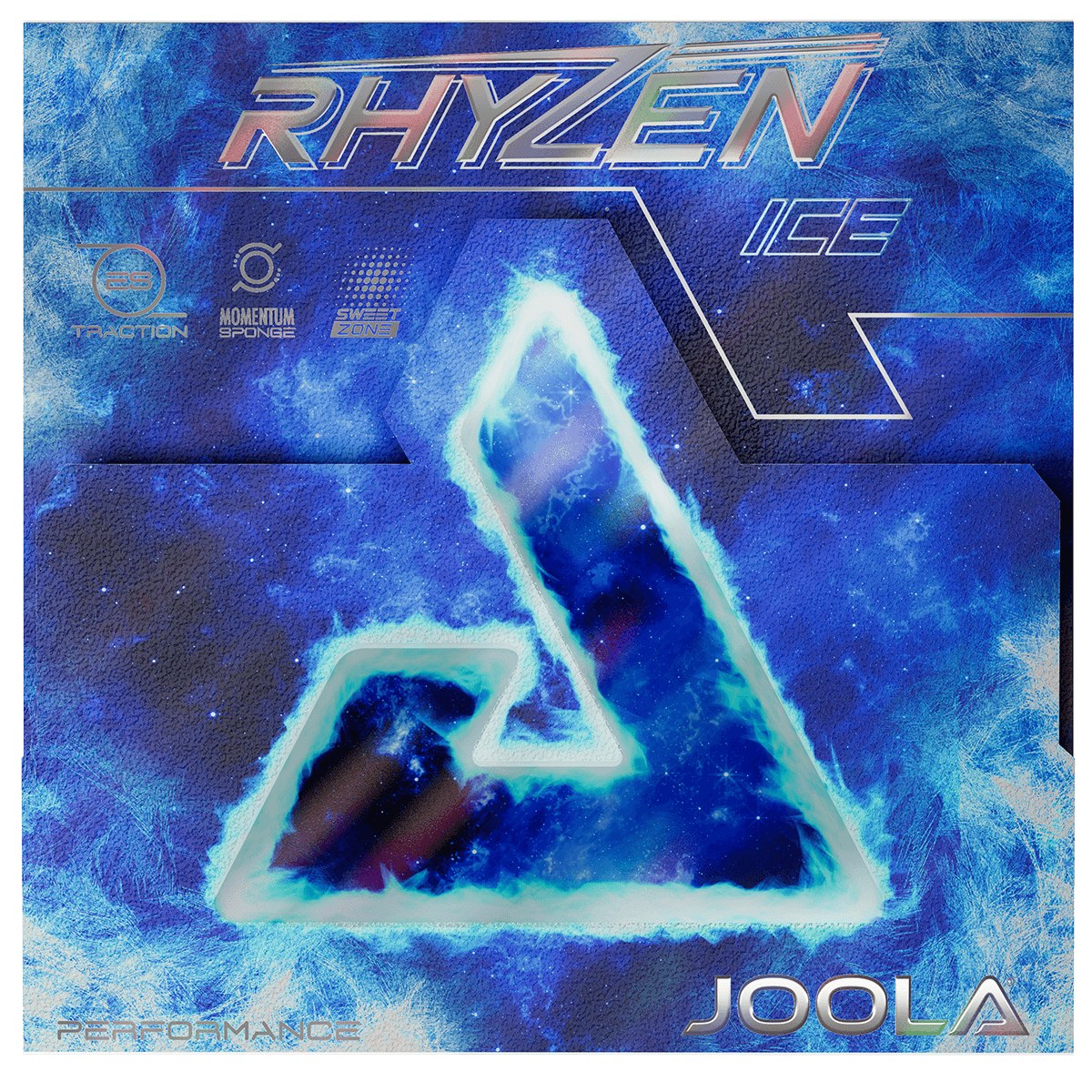 JOOLA Rhyzen Ice table tennis rubber in blue with ice crystal design.