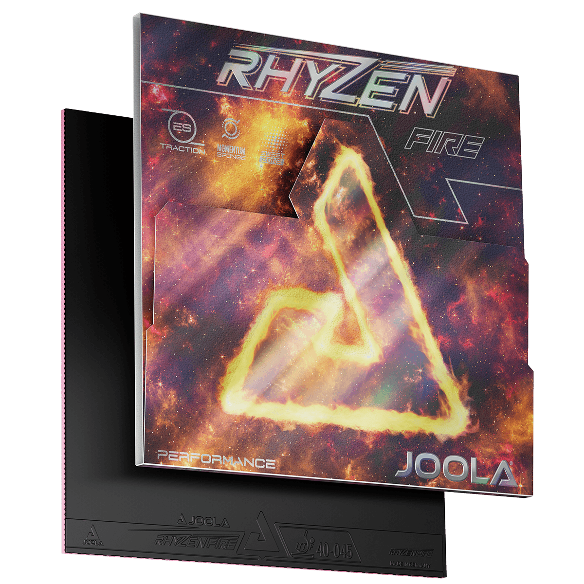 Product image of JOOLA Rhyzen Fire table tennis rubber with space-themed packaging and black-red rubber.
